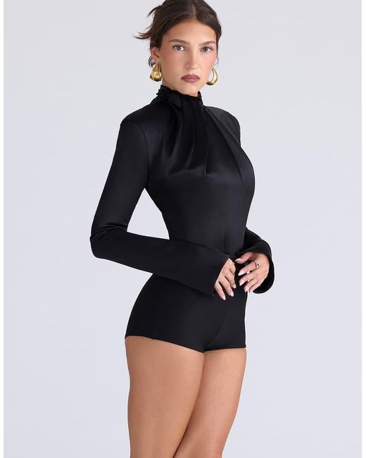 House Of Cb Black Neneh Satin High Neck Long Sleeve Bodysuit
