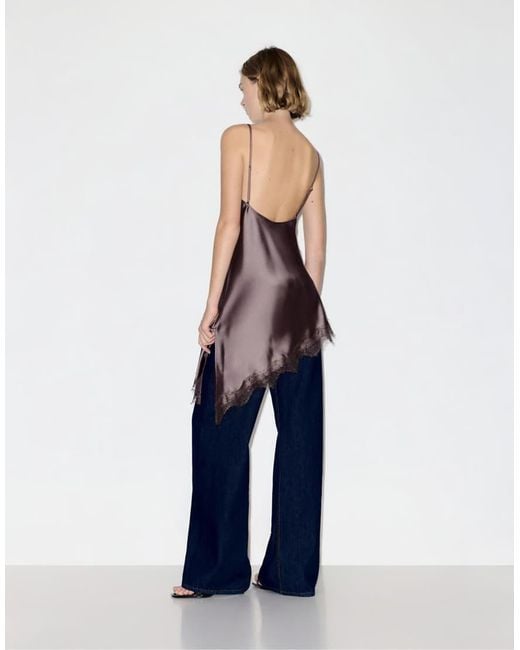 Pull&Bear Brown Asymmetric Lace Camisole Top