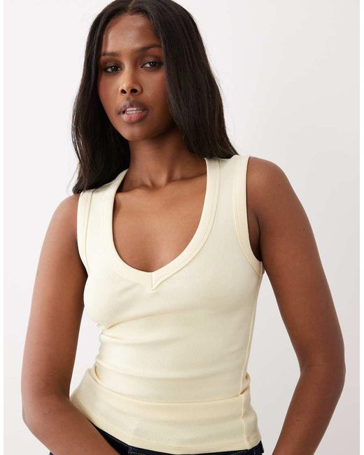 Gina Tricot Yellow Sleeveless Slim Fit V Neck Rib Tank Top