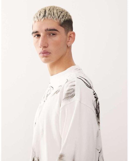 Weekday Recht Oversized T-Shirt Met Lange Mouwen En All-Over Schetsboekprint in het White voor heren