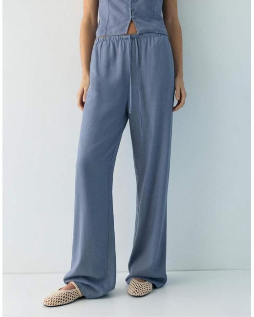 Pull&Bear Blue Flowing Viscose Linen Blend Trousers