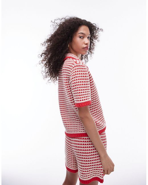 TOPSHOP Red Knitted Polo Shirt Co-ord