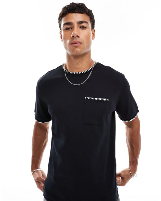 Threadbare Blue Cotton Rich 200 Gsm T-shirt With White Piping Detail for men