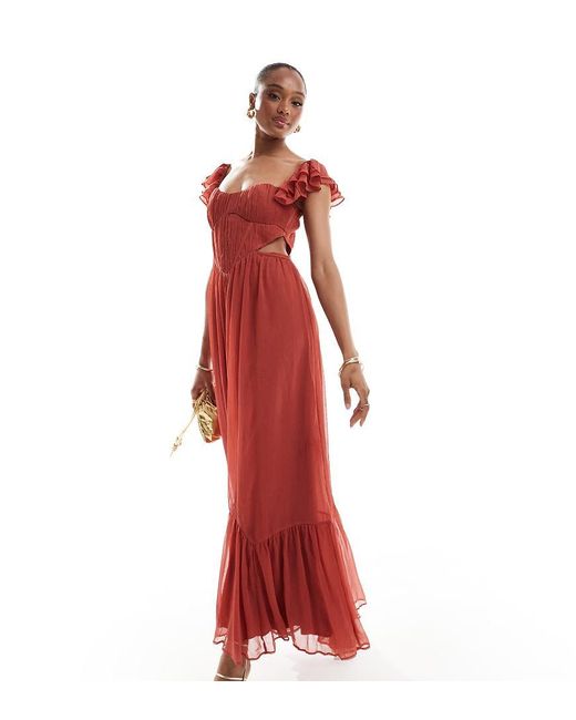 ASOS Asos Design Tall Flutter Sleeve Corset Cut Out Midi Skater Dress in Red Lyst UK