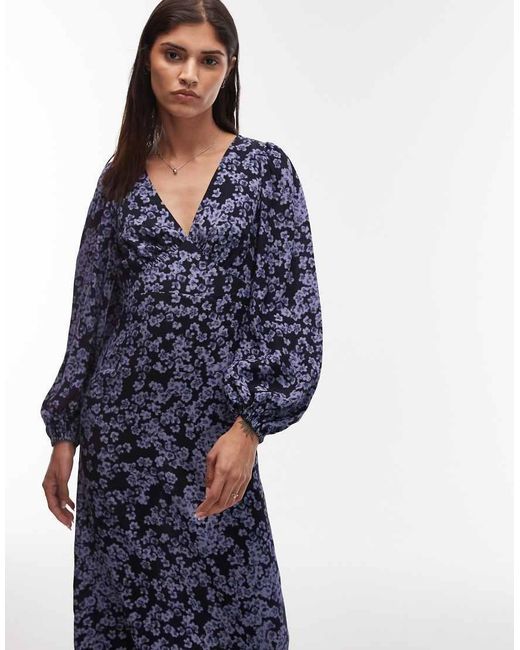 & Other Stories Blue Midi Dress With Side Splits And Volume Sleeves