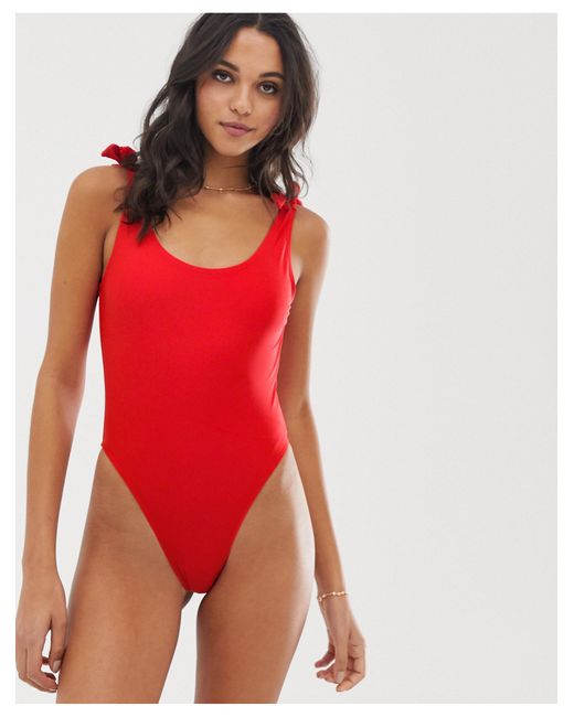 South Beach Red Tie Shoulder High Leg Swimsuit