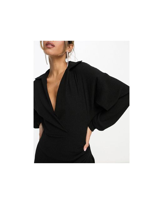 ASOS Black Textured Collared Wrap Midi Dress