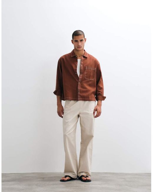 ASOS Brown Boxy Oversized Cotton Twill Shirt With Contrast Stitch for men