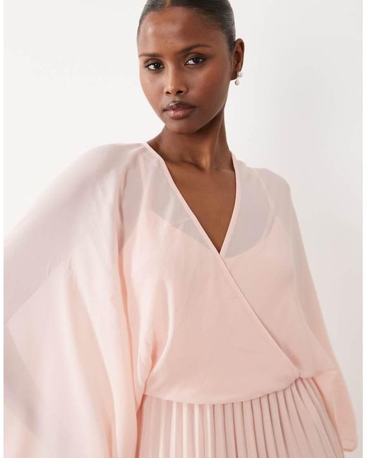 Vero Moda Pink Chiffon Plunge Front Cape Sleeve Detail Maxi Dress