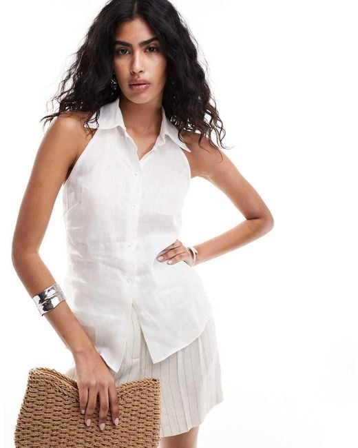 Camisa Blanca Con Cuello Halter De Lino Selection De Mango de color White