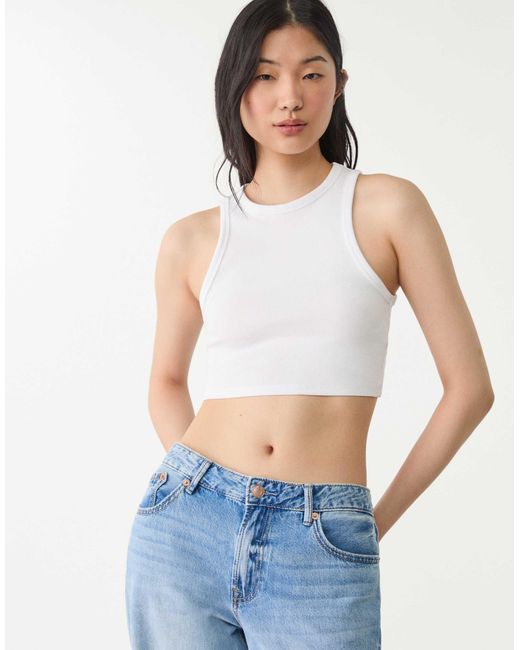 Stradivarius White – gerippte cropped-oberteile