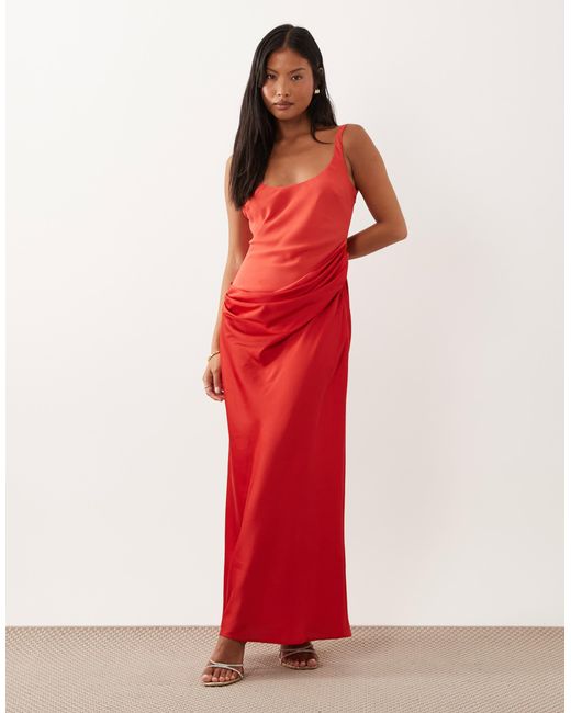 asos red asymmetric dress Asos Design Petite Deep Scoop Neck Maxi With Draped Skirt Overlay in Color:Ivory-Nude The ASOS DESIGN long fw26 Floral Cotton Tiered Dress