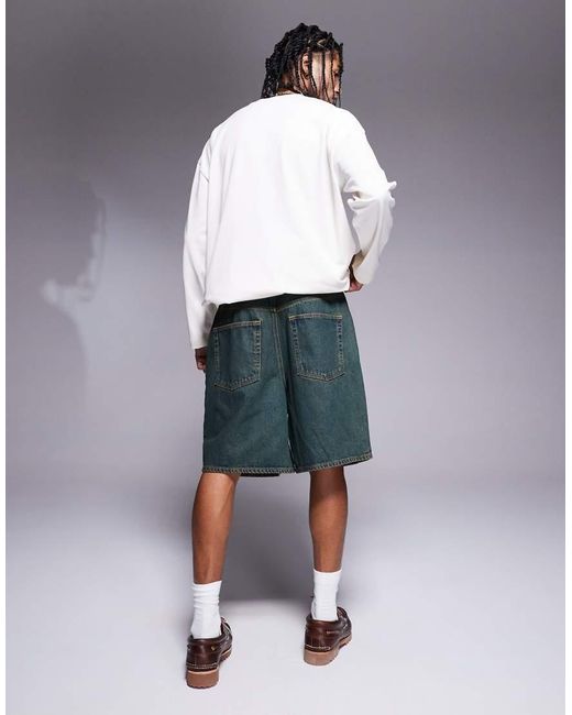 ASOS Lange Denim Jort Met Groene Tint in het Blue voor heren
