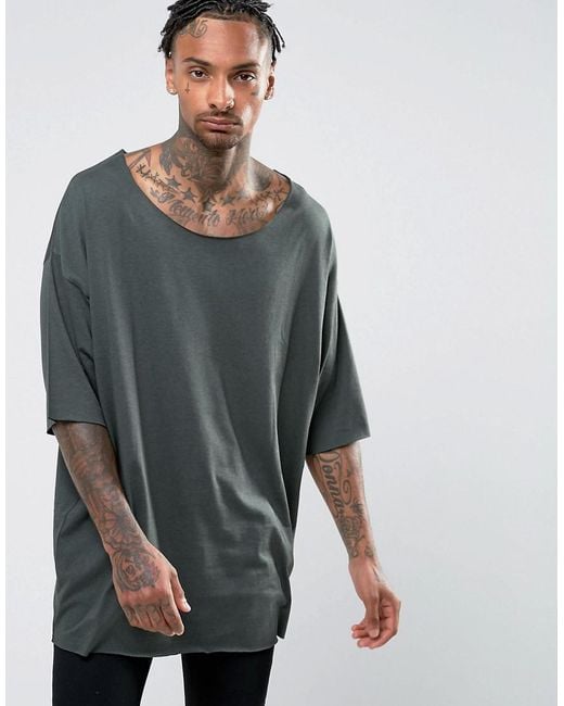ASOS Super Oversized T-shirt With Scoop Neck And Raw Edges In Green for men