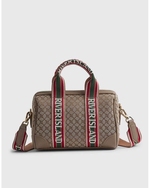 River Island Brown Jacquard Monogram Bowler Bag