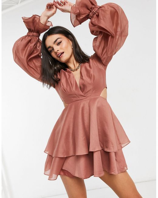 ASOS Pleated Mini Dress With Blouson Sleeve And Cuff Detail in