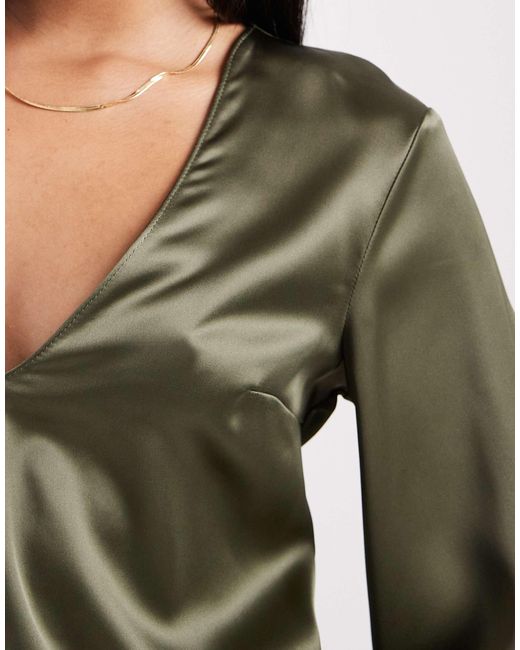 ASOS Green Satin Long Sleeve V Neck Blouse