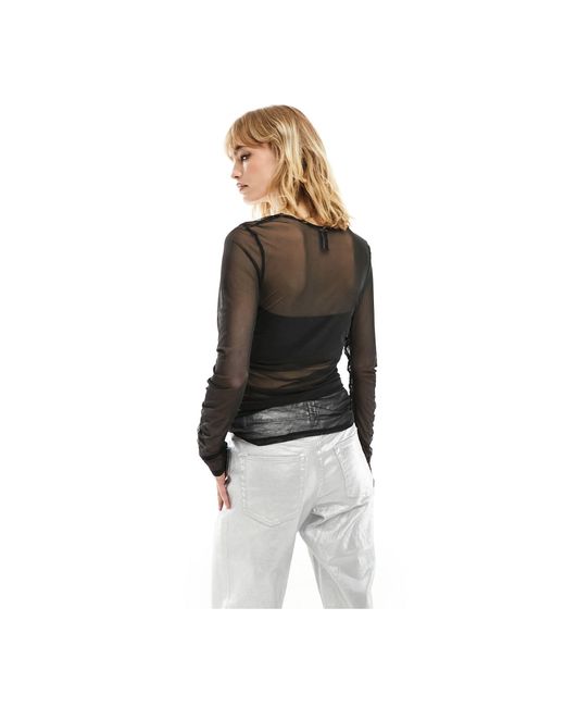 Collusion Black Extreme Ruched Long Sleeve Mesh Top