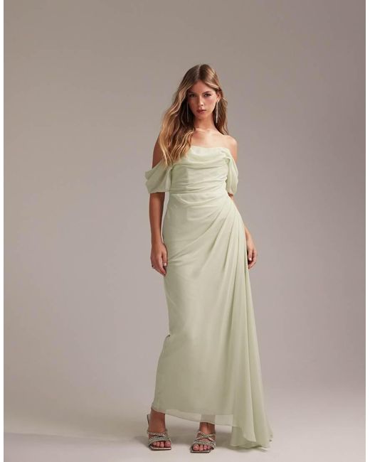 ASOS Natural Bridesmaids Draped Bardot Midaxi Dress