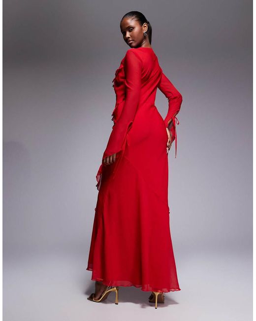 DASKA Red Chiffon High Cowl Neck Ruffle Detail Maxi Dress