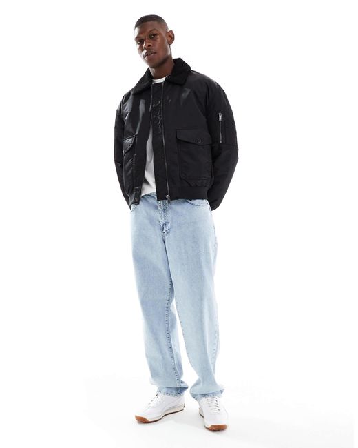 ASOS Blue Oversized Bomber Jacket With Borg Fleece Collar for men