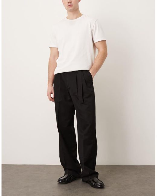 ASOS Black Tailored Wide Leg Double Pleated Trousers With Belt Detail for men