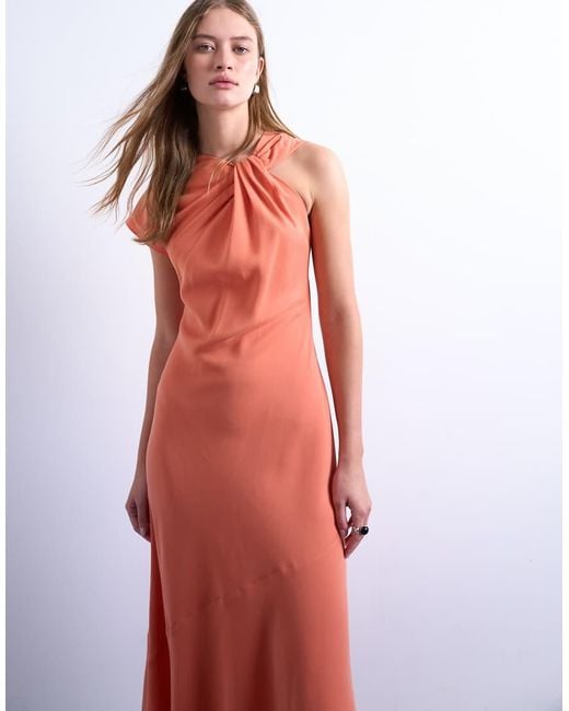 Vestito Midi Color Mandarino Con Nodo Al Collo E Maniche Asimmetriche di TOPSHOP in Red