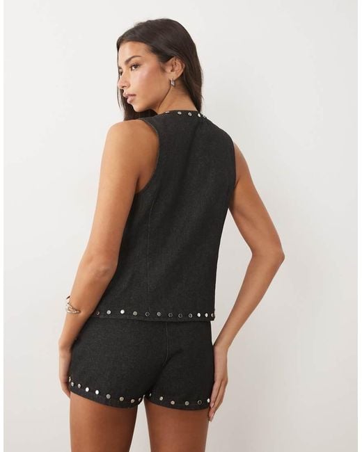 Motel Black Aniva Denim Waistcoat Co-ord With Stud Detail