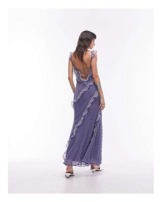 Vestito lungo premium blu e avorio a righe con volant di TOPSHOP in Purple