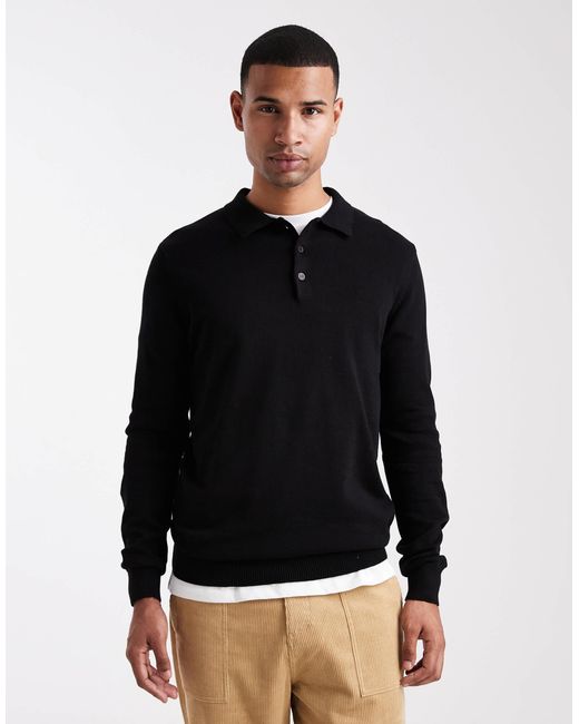 Brave Soul Black Placket Long Sleeve Polo Top for men