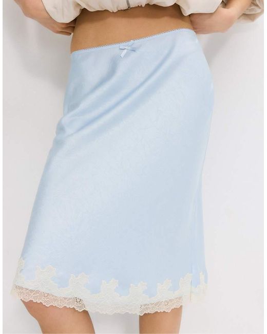 Stradivarius Blue Satin Skirt With Contrast Lace