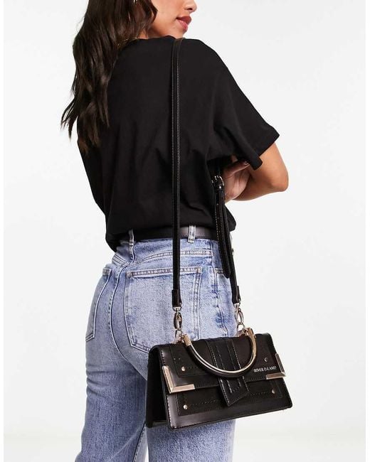 River Island Curved Shoulder Bag With Chain Detail in Black Lyst UK
