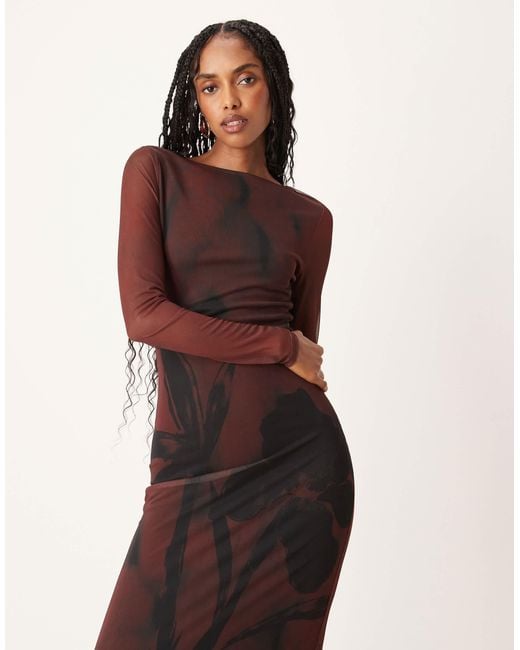 ASOS Natural Mesh Long Sleeve Midi Dress