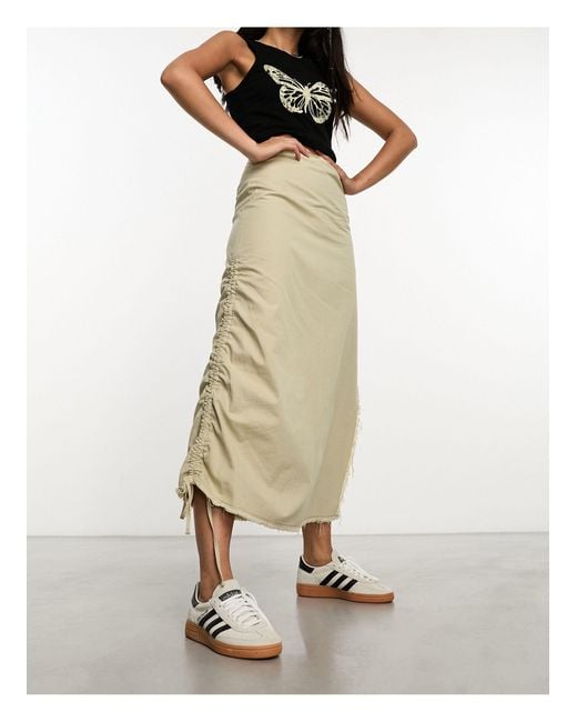 Collusion Twill Ruched Maxi Skirt With Raw Hem in Natural
