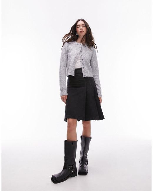 TOPSHOP Black Denim Knee Length Pleat Skirt