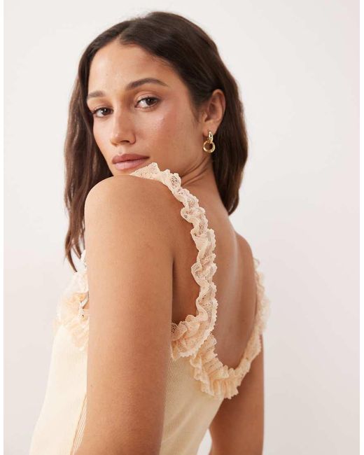 Miss Selfridge Natural Ribbed Bodysuit With Lace Ruffle Detail