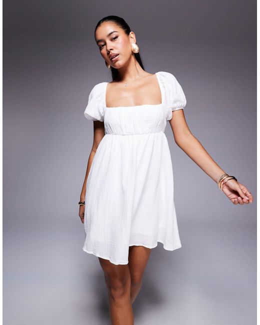 Princess Polly White Let's Dance Cheesecloth Puff Sleeve Open Tie Back Mini Smock Dress