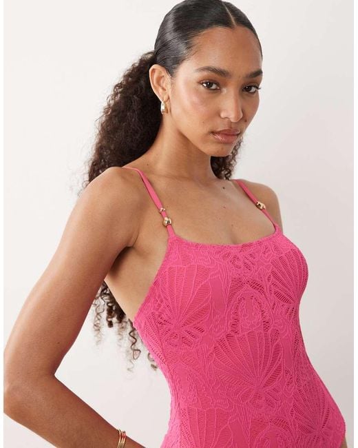 New Look Pink Crochet Ruched Side Swimsuit