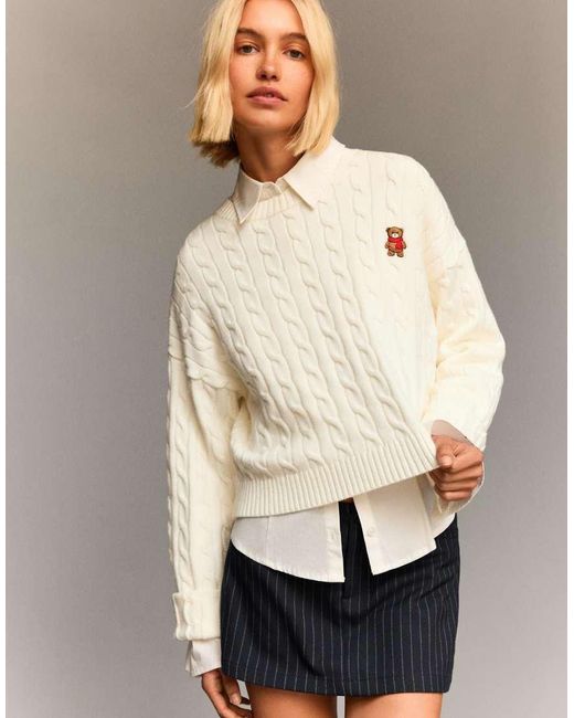 Bershka Natural Embroidered Cable-knit Sweater