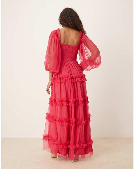 LACE & BEADS Maxi-Jurk Met Korset, Ballonmouwen En Ruches in het Red