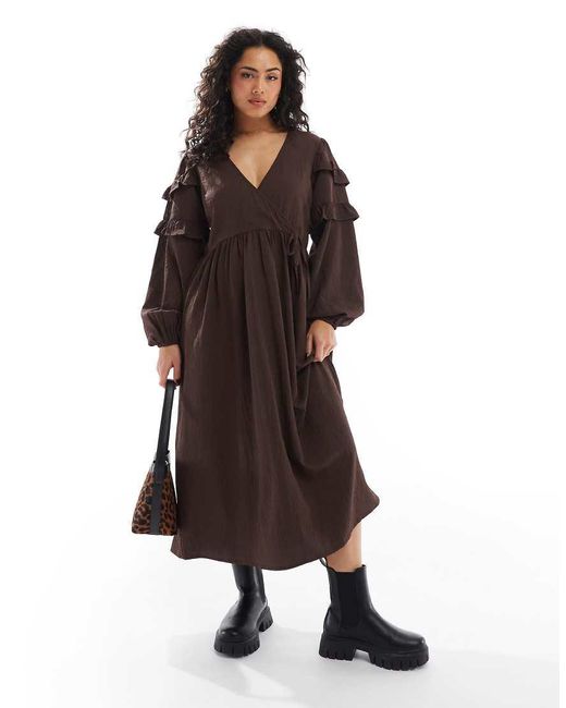 Wednesday's Girl Brown Ruffle Sleeve Midi Smock Dress