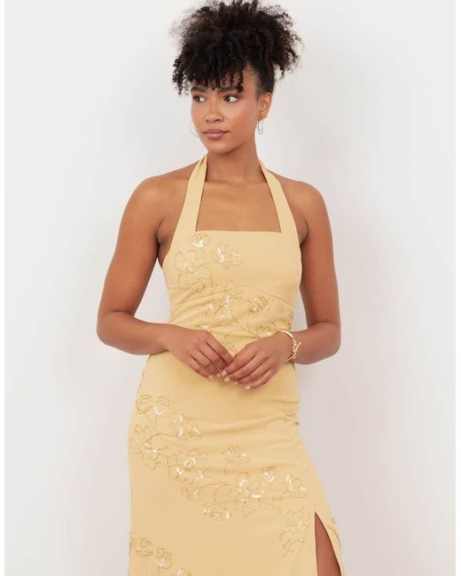 Maya Natural Floral Motif Halter Neck Midaxi Dress