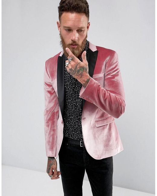 ASOS Super Skinny Blazer In Pink Velvet for men
