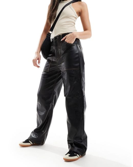 ONLY Black High Waisted Wide Leg Faux Leather Contrast Stitch Trousers