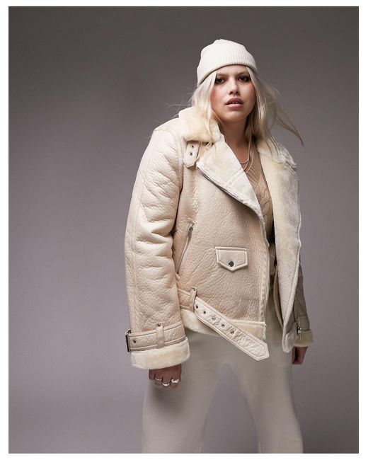 Curve Faux Leather Shearling Aviator Biker Jacket in White Lyst