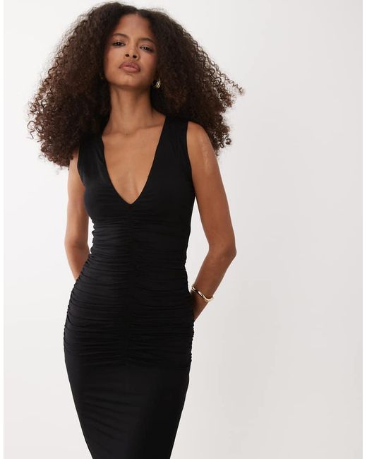 Wanderdoll Natural Tate Sculpting Second Skin Plunge Neck Ruched Detail Sleeveless Maxi Dress