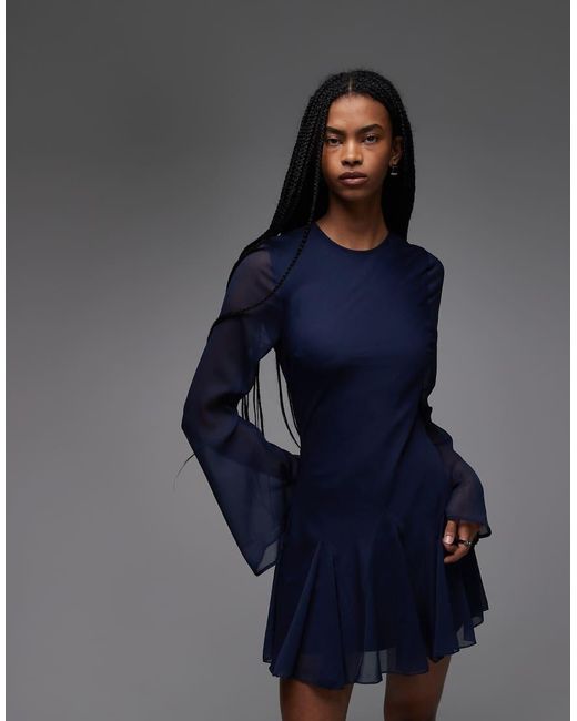 ASOS Blue Long Sleeve Mini Dress With Ruffle Skirt