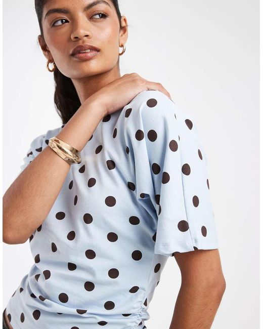 Pieces Blue Ruched Waist Polka Dot Jersey Top