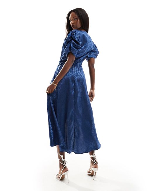 AX Paris Blue Satin Puff Sleeve Drape Detail Midi Dress