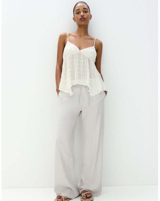 Pull&Bear White Tie Up Waist Frayed Hem Wide Leg Trousers